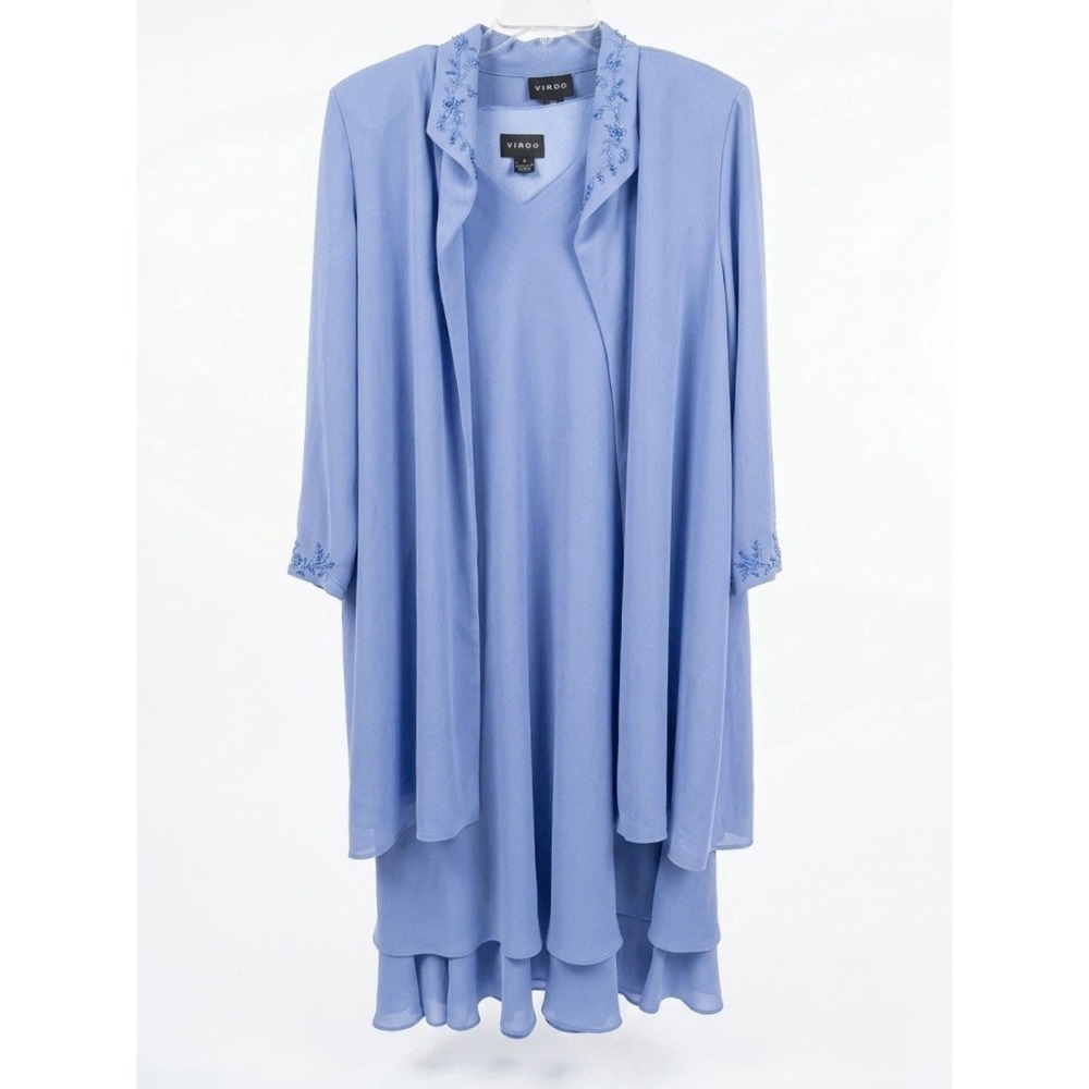 Virgo Periwinkle Blue 2pc Set Beaded Duster Jacket Dress Coastal Grandma Sz 18